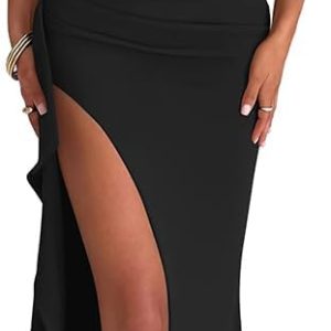 LAGSHIAN Women's Elegant Maxi Dress One Shoulder Sleeveless High Split Ruched Wedding Guest Long Dress