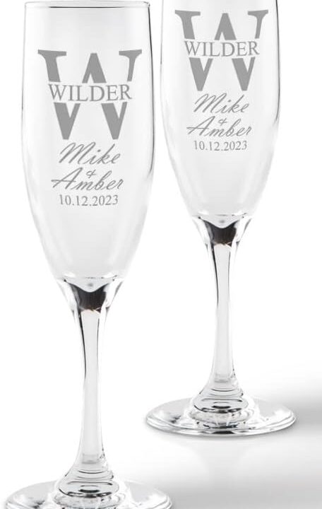 Personalized Wedding Champagne Flutes -Split Font -Set of 2 glasses for toasting/bride and groom gifts -Wedding Registry By Brides Name, Wedding Gift