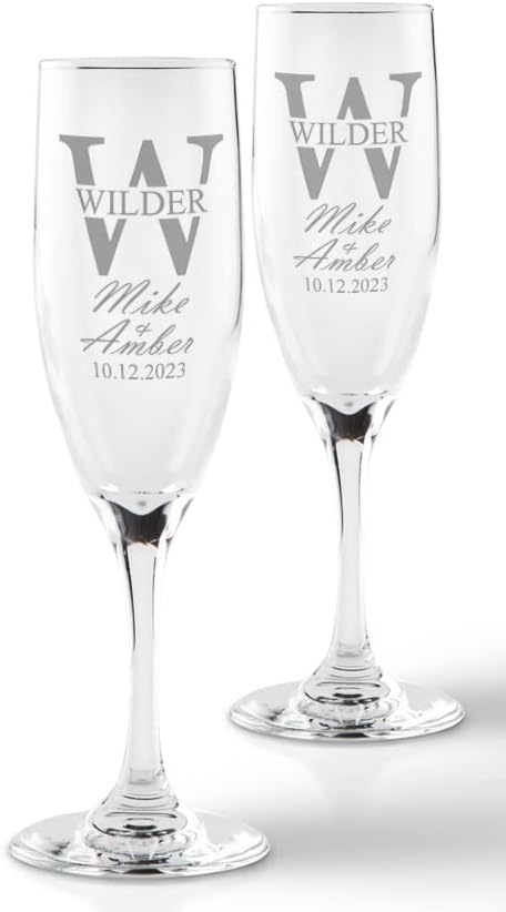 Personalized Wedding Champagne Flutes -Split Font -Set of 2 glasses for toasting/bride and groom gifts -Wedding Registry By Brides Name, Wedding Gift