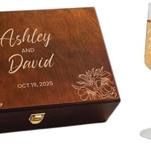 Personalized Wedding Champagne Flutes Set Custom Mr and Mrs Toasting Glasses with Wooden Gift Box Engraved Bride and Groom Glassware for Engagement, Wedding