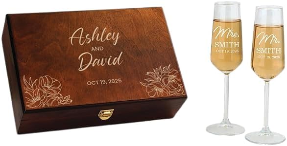 Personalized Wedding Champagne Flutes Set Custom Mr and Mrs Toasting Glasses with Wooden Gift Box Engraved Bride and Groom Glassware for Engagement, Wedding