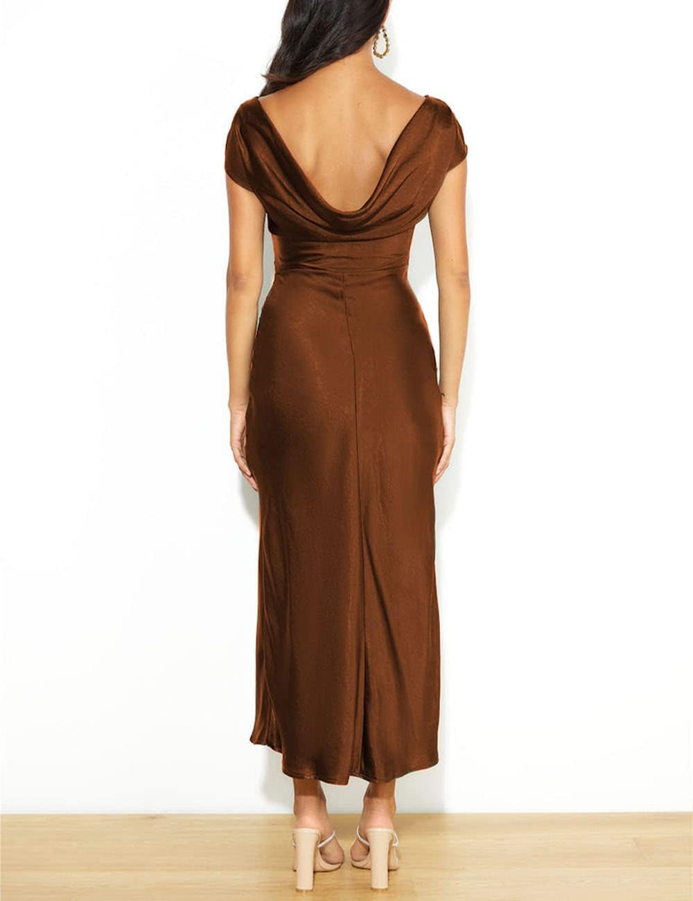 2025 Satin Cap Sleeve Cowl Back Summer Dresses for Women Elegant Ruched Waist Wedding Guest Midi Dress