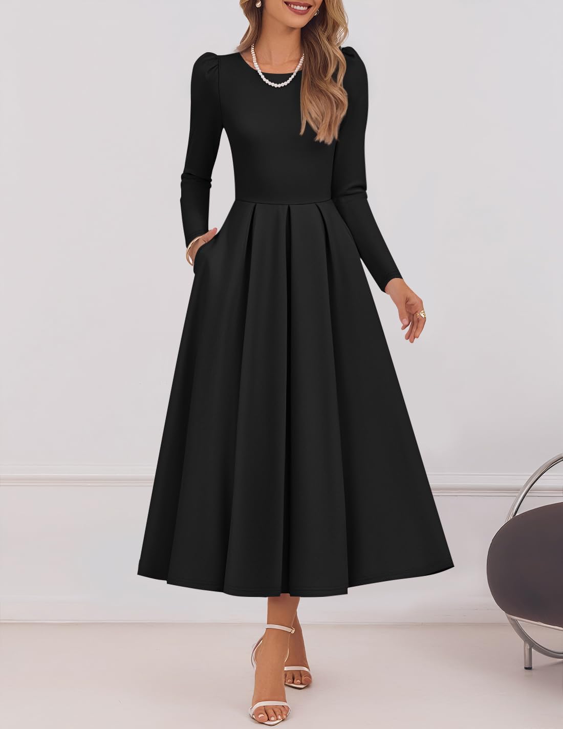 ZESICA Women’s Long Sleeve Midi Dresses 2025 Fall Elegant Crewneck Swing A Line Wedding Guest Party Dress with Pockets