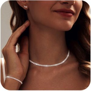 Tennis Necklace Bracelet for Women, Dainty Sterling Sliver Choker Necklace Crystal Link Bracelet Stud Earrings for Women Wedding Jewelry for Bride Jewelry Set Accessories