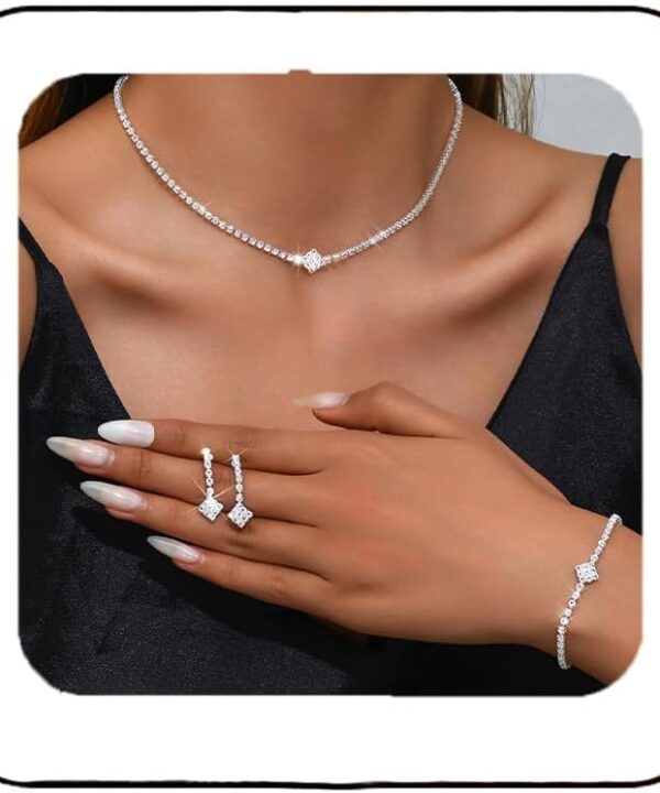 Unicra Silver Bridal Wedding Jewelry Set Sparkly Rhinestone Necklace Earrings Bracelet Sets Formal Costume Jewelry for Women and Brides