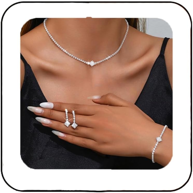 Unicra Silver Bridal Wedding Jewelry Set Sparkly Rhinestone Necklace Earrings Bracelet Sets Formal Costume Jewelry for Women and Brides