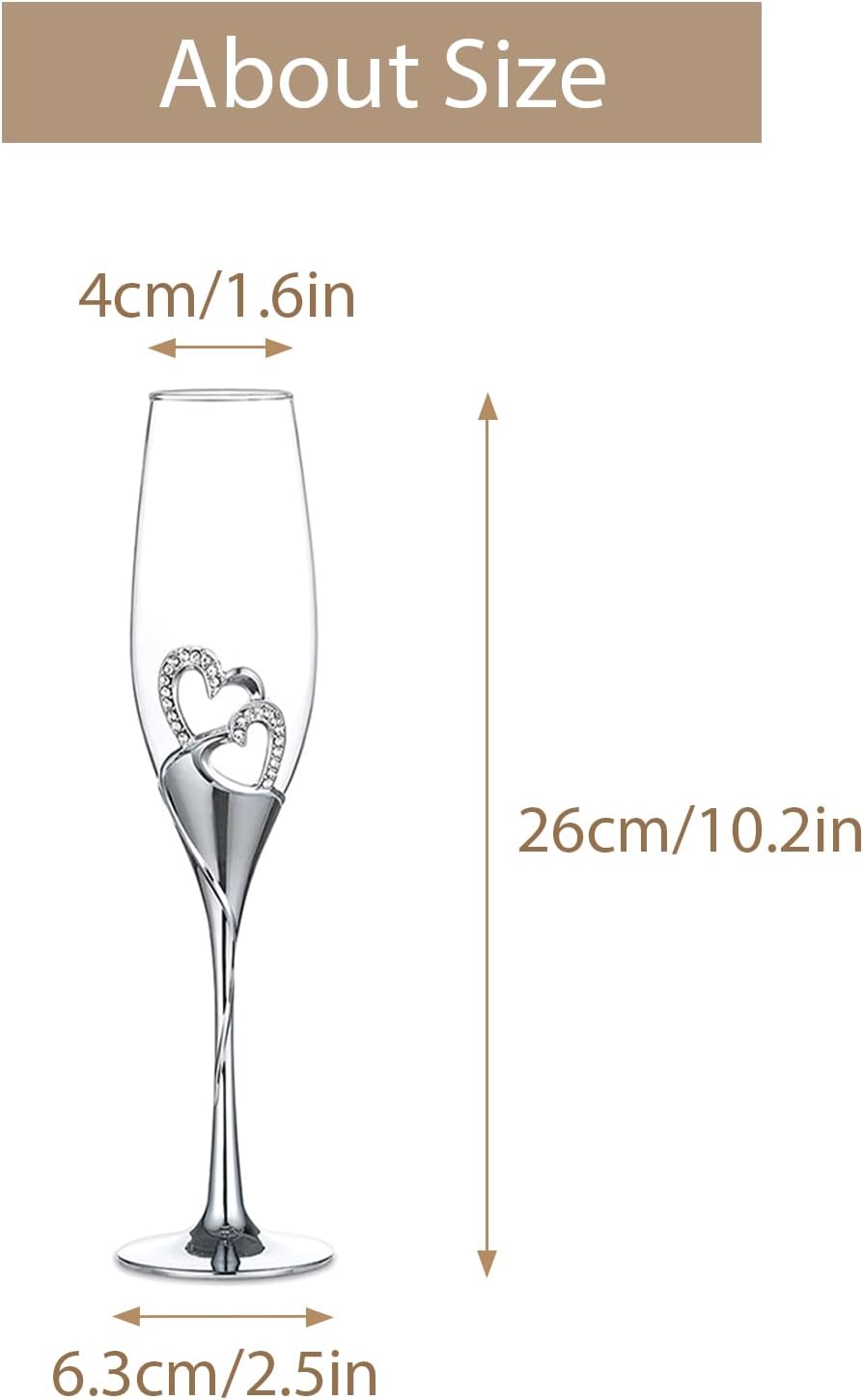 Wedding Champagne Glass Set Silver Toasting Flute Glasses Pack of 2 with Rhinestone Rimmed Hearts Decoration for Wedding, Anniversary and Special Occasions