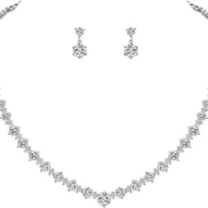 WeimanJewelry Silver/Gold Plated Women Cubic Zirconia Round Cut CZ Bridal Necklace and Drop Earring Set for Bride Wedding (Silver)