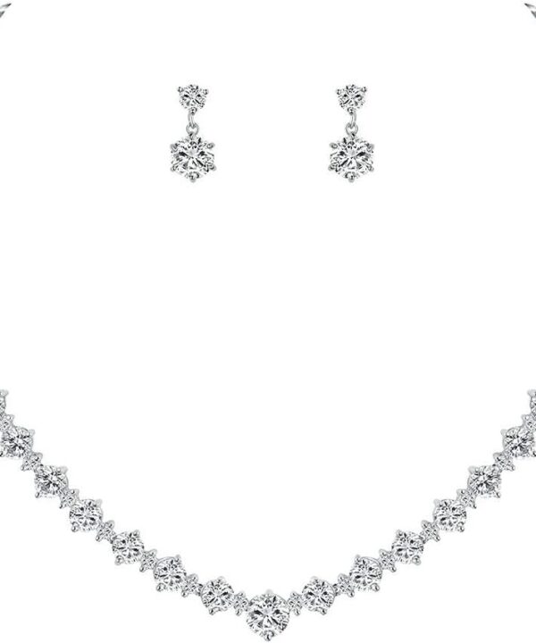 WeimanJewelry Silver/Gold Plated Women Cubic Zirconia Round Cut CZ Bridal Necklace and Drop Earring Set for Bride Wedding (Silver)