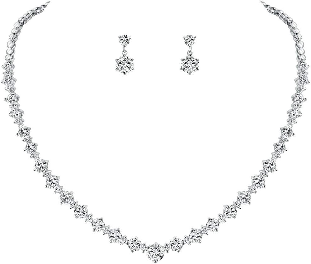 WeimanJewelry Silver/Gold Plated Women Cubic Zirconia Round Cut CZ Bridal Necklace and Drop Earring Set for Bride Wedding (Silver)