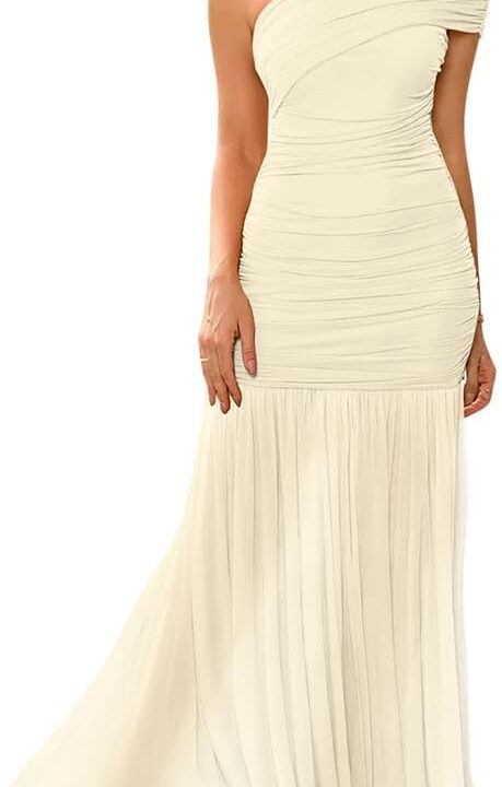 LAGSHIAN Women's Elegant Formal Long Dress One Shoulder Sleeveless Ruched Bodycon Evening Dress