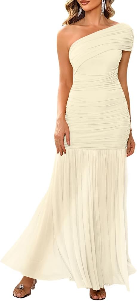 LAGSHIAN Women's Elegant Formal Long Dress One Shoulder Sleeveless Ruched Bodycon Evening Dress