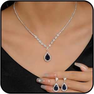 Navy Blue Jewelry Sets for Women Sparkly Black Rhinestone Necklace Earrings Luxury Bridal Wedding Jewellery Set Formal Costume Jewelry Accessories Gift