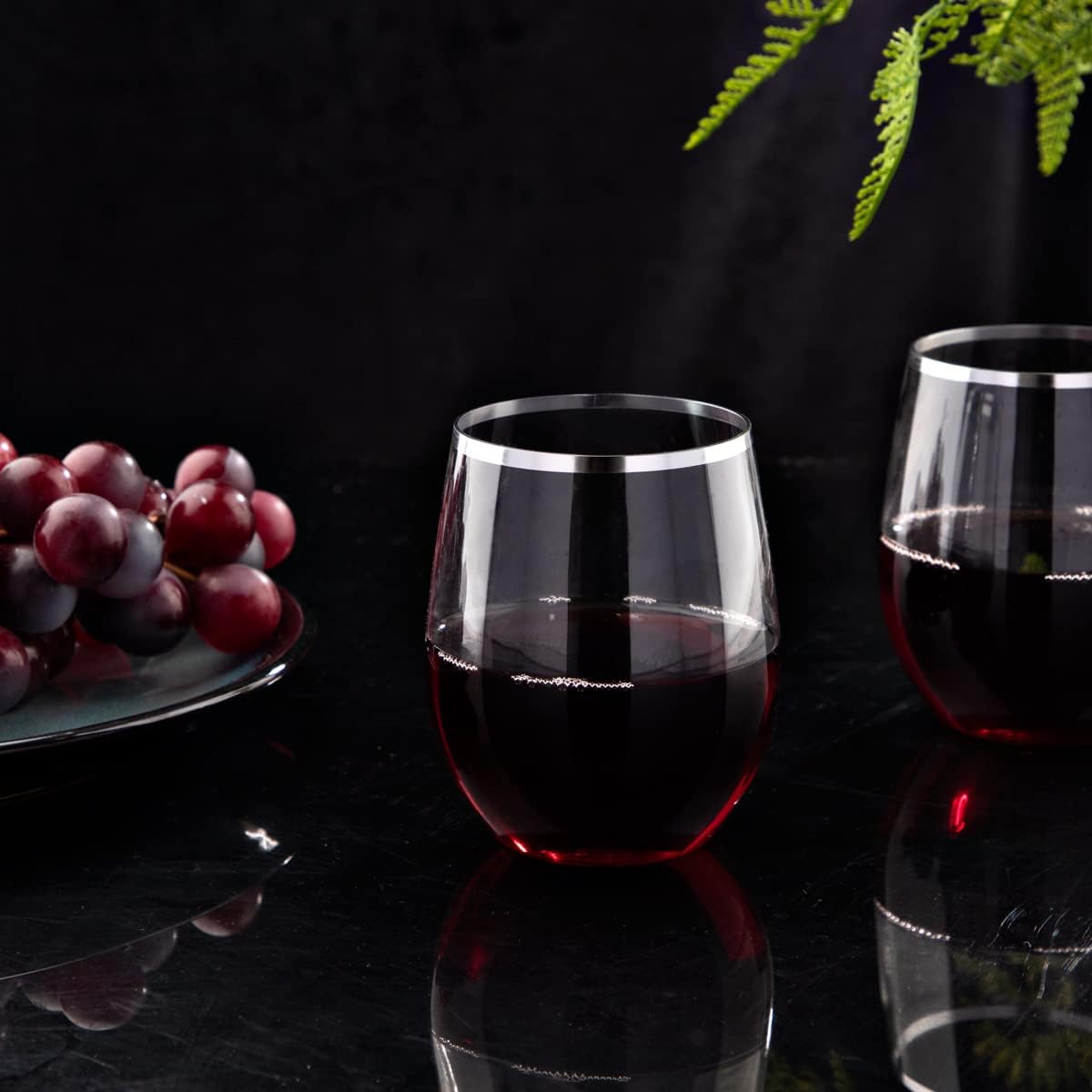 SUT 32 Pack 12oz Silver Rimmed Plastic Wine Glasses Stemless, Disposable Wine Cups with Premium Quality, Reusable, Unbreakable, Crystal, Shatterproof and BPA-Free, Perfect for Party, Wedding, Picnic