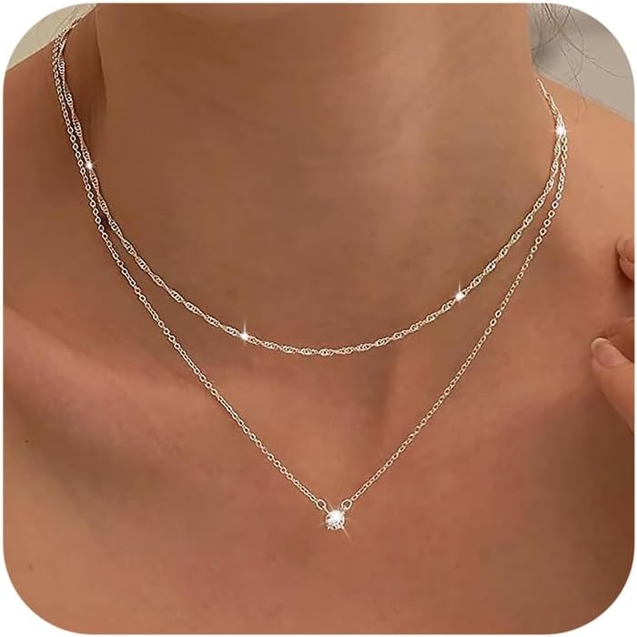 Tewiky Cubic Zirconia Silver Necklaces for Women, Dainty S925 Sterling Silver Choker Necklace Simple CZ Jewelry Necklaces for Women Trendy Gifts