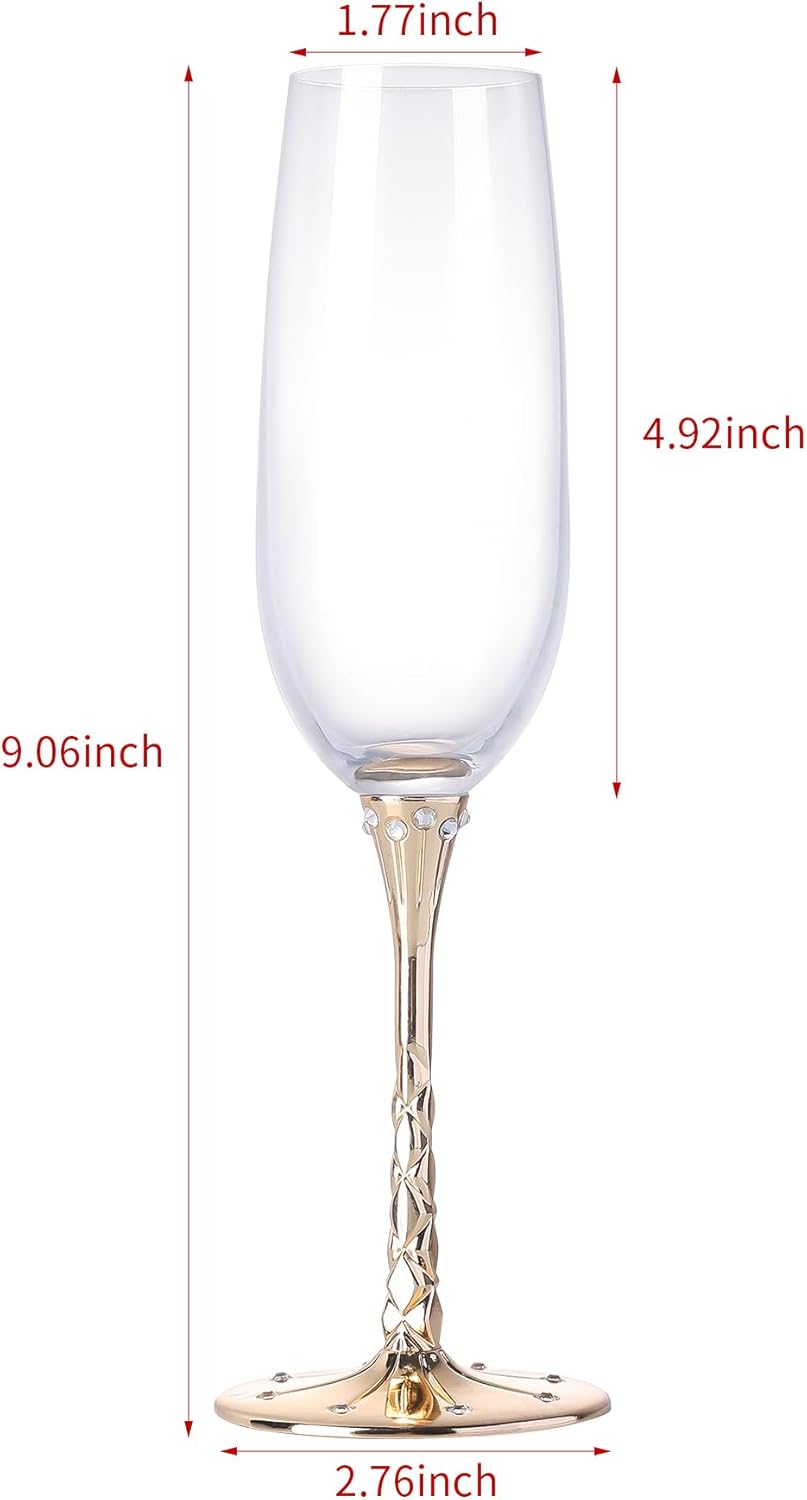 Hanjue Champagne Glasses Set of 2, Clear Champagne Flutes 7 Oz – Ideal for Gifts,Parties, Wedding, Christmas, Long-lasting and Reusable Bar Glassware (Gold)