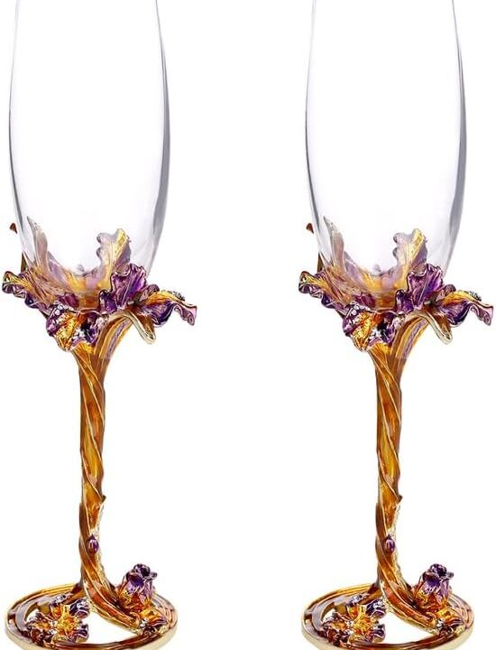 SUQ I OME Enamel Wine Crystal Champagne Flutes Glasses Set of 2, Decorative Enamel Champagne Glasses, Gifts for Brides and Grooms, Wedding, Valentine, Anniversary, Birthday