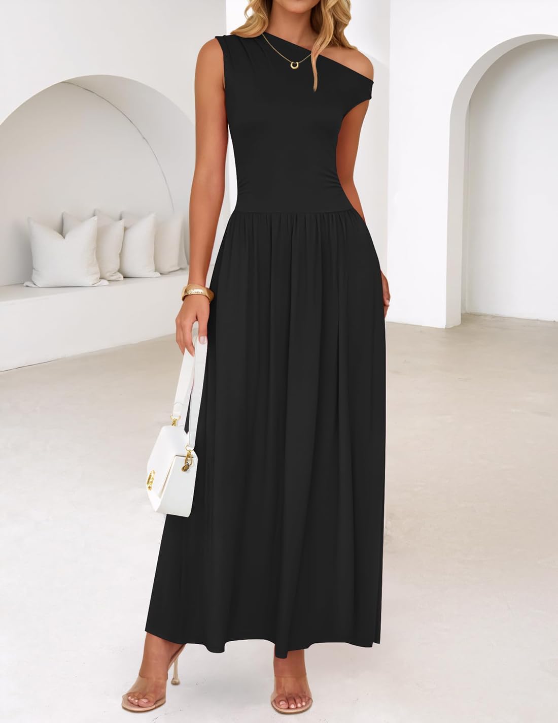 ZESICA Women’s Summer 2025 Sleeveless Maxi Dress One Shoulder Casual Slim Swing Pleated Formal Dresses with Pockets