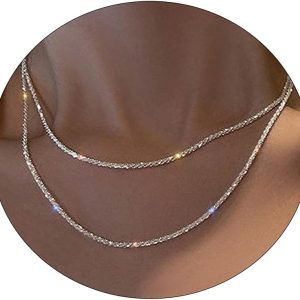 Tasiso Herringbone Choker Necklace Set Double Layer Snake Chain Herringbone Chain Necklace Layering Necklace Set Cuban Chain Necklace for Women
