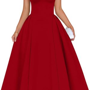 Memoriesea Women's Elegant Square Neck Swing A Line Wedding Evening Party Midi Dress