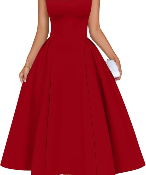 Memoriesea Women's Elegant Square Neck Swing A Line Wedding Evening Party Midi Dress