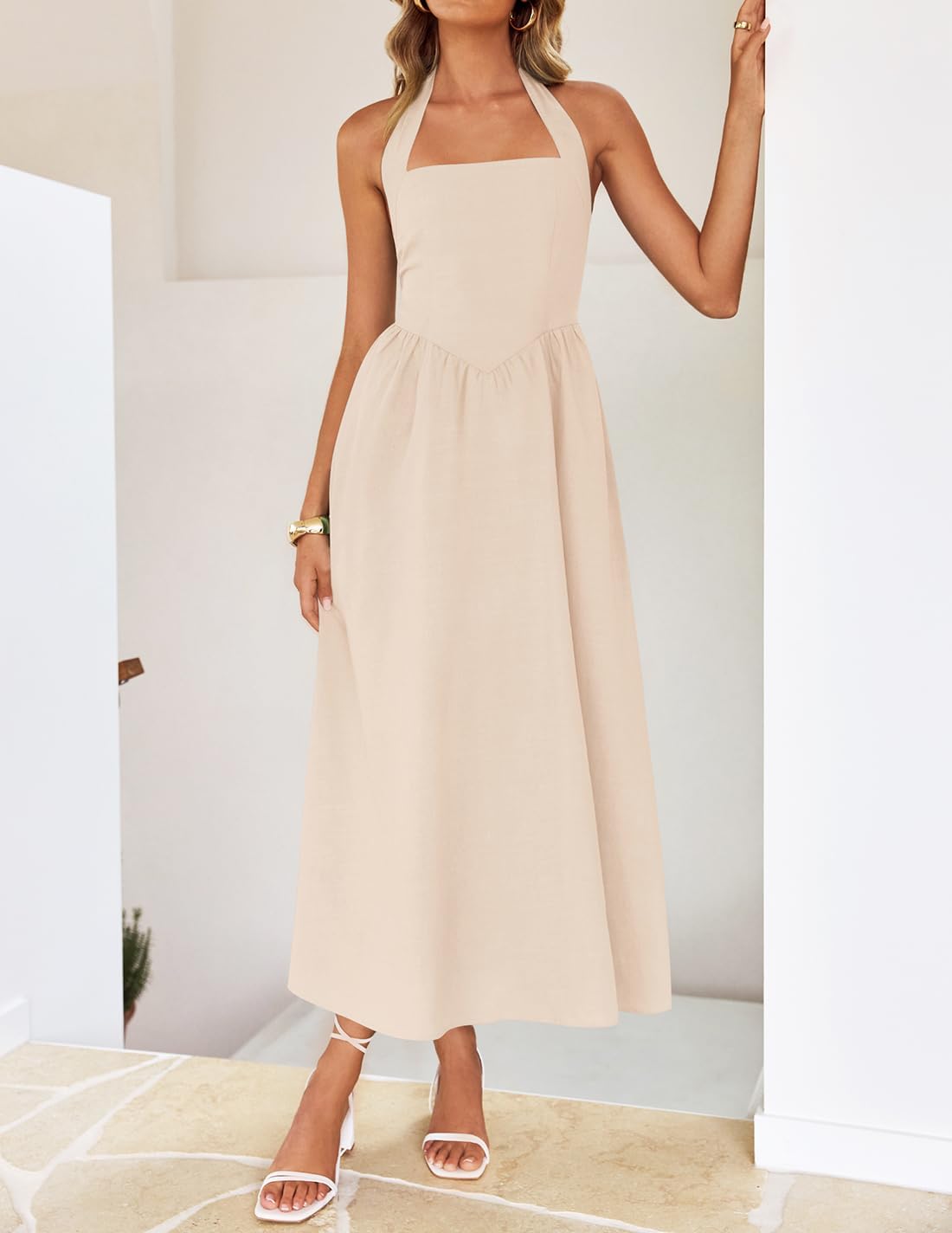 ZESICA Women’s Summer Sleeveless Halter Midi Dress 2025 Off Shoulder High Waist Swing Flowy Beach Long Dresses