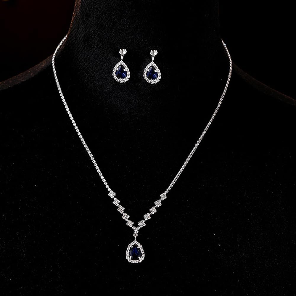 Navy Blue Jewelry Sets for Women Sparkly Black Rhinestone Necklace Earrings Luxury Bridal Wedding Jewellery Set Formal Costume Jewelry Accessories Gift