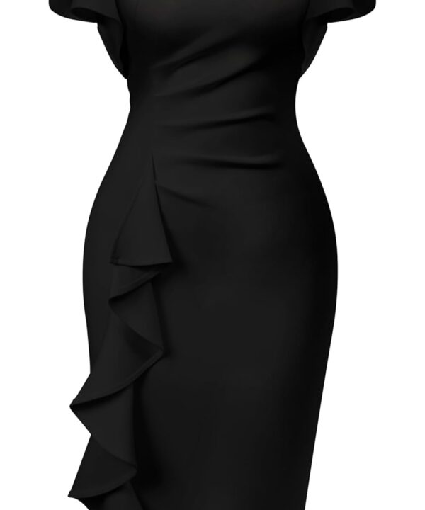 Memoriesea Women's Vintage Church Ruffle Sleeve Ruched Bodycon Work Midi Pencil Dress