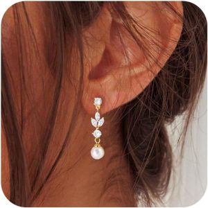 SELSHE Dangle Earrings for Women, 14k Gold Plated Pearl Drop Earring Dainty Gold Earrings for Women Trendy Cute Prom Bridal Earring Long Wedding Pearl Earring Formal Jewelry
