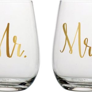 Slant Mr & Mrs Stemless Wine Glasses- Set of 2