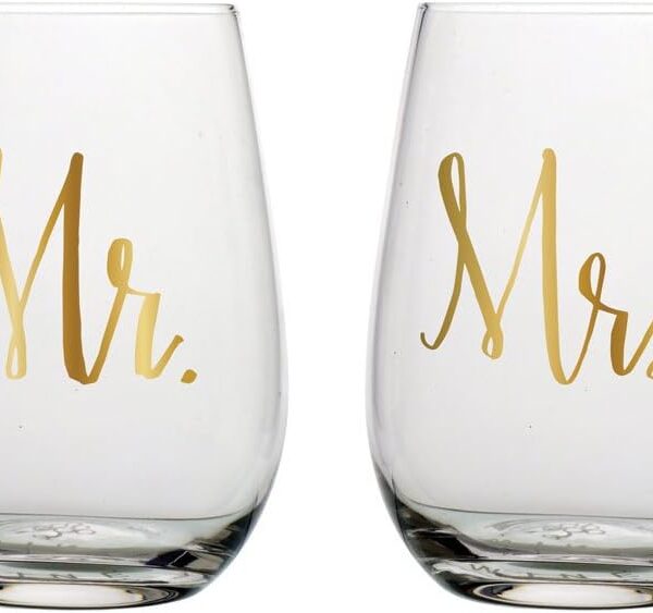 Slant Mr & Mrs Stemless Wine Glasses- Set of 2