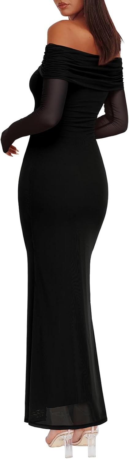 REORIA Women Off Shoulder Long Sleeve Dress Elegant Sexy Stretch Mesh Double Lined Slim Trendy Long Dresses
