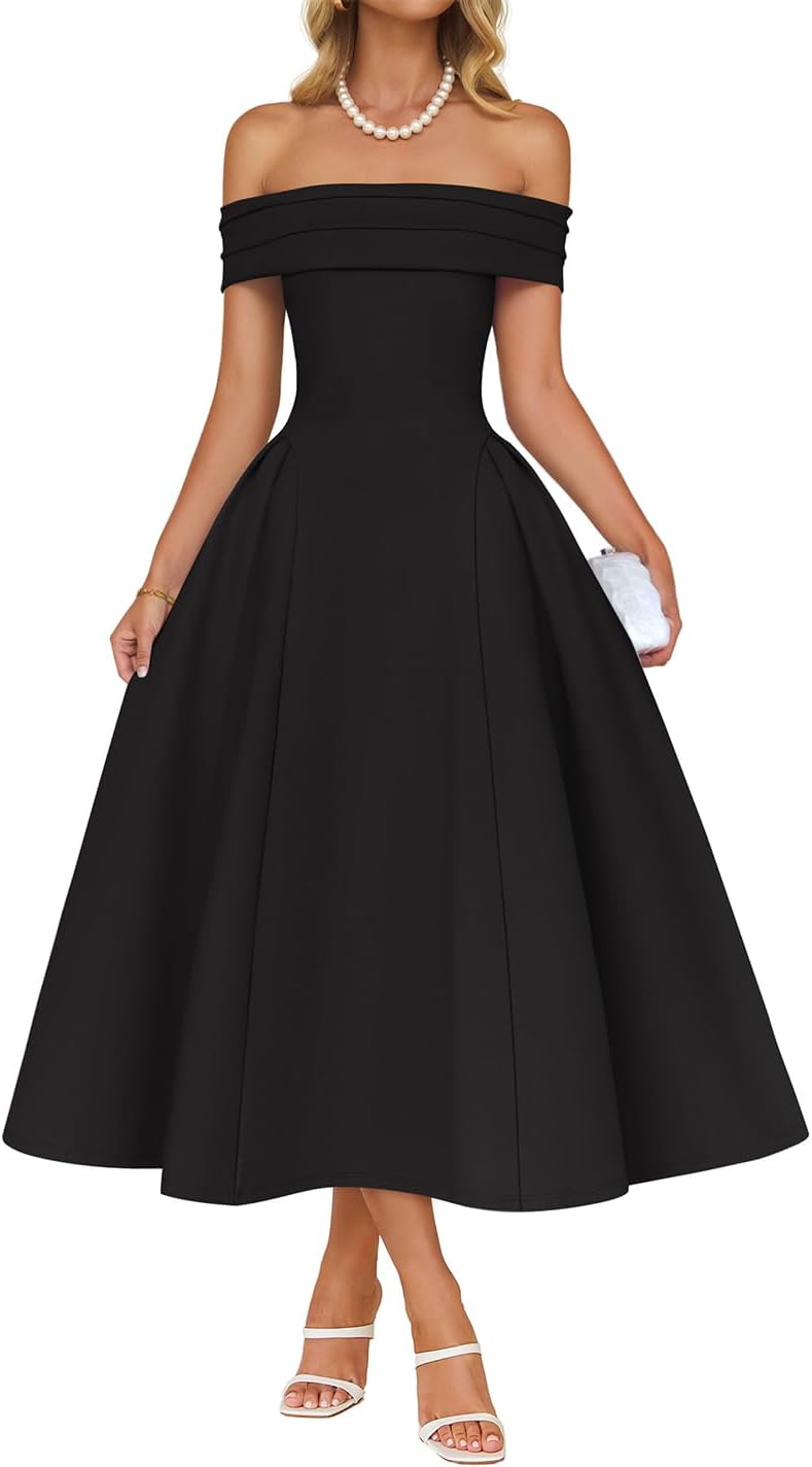 ZESICA Cocktail Dresses for Women's Elegant Off Shoulder Short Sleeve Swing A Line Wedding Evening Party Midi Dress
