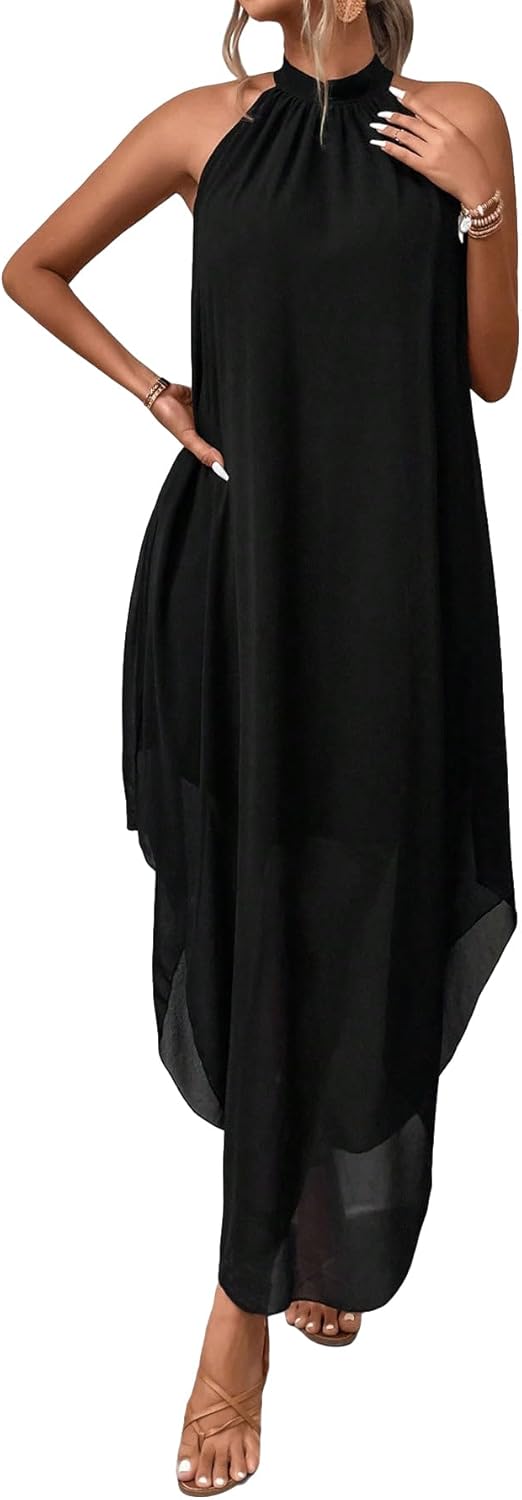 Verdusa Women's Fall Formal Wedding Guest Dress Halter Flowy Sleeveless Asymmetrical Boho Maxi Dress