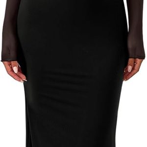 REORIA Women Off Shoulder Long Sleeve Dress Elegant Sexy Stretch Mesh Double Lined Slim Trendy Long Dresses