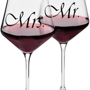 Krosno Mr & Mrs Wine Glasses, Set of 2, 18.6 oz, Avant-Garde Collection, Crystal Glass, Ideal Wedding Gift, Dishwasher Safe, Made in Europe