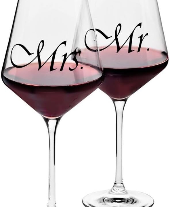 Krosno Mr & Mrs Wine Glasses, Set of 2, 18.6 oz, Avant-Garde Collection, Crystal Glass, Ideal Wedding Gift, Dishwasher Safe, Made in Europe