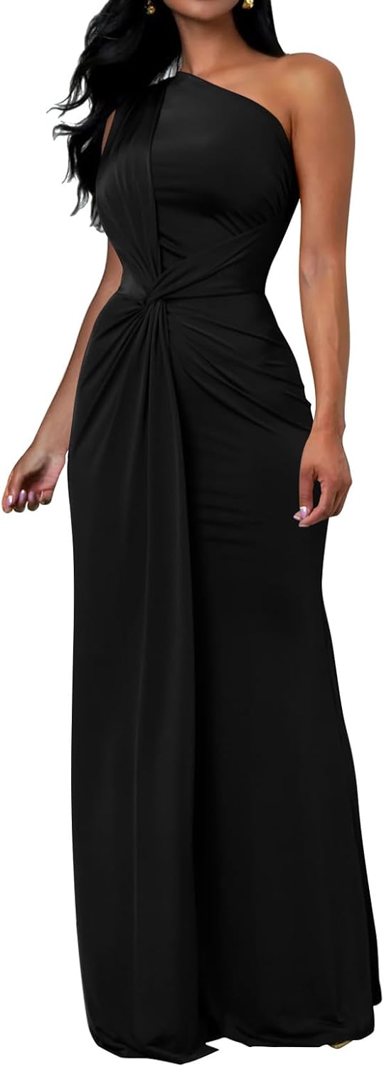 Memoriesea Women's Elegant Sleeveless One Shoulder Bodycon Evening Cocktail Maxi Dress