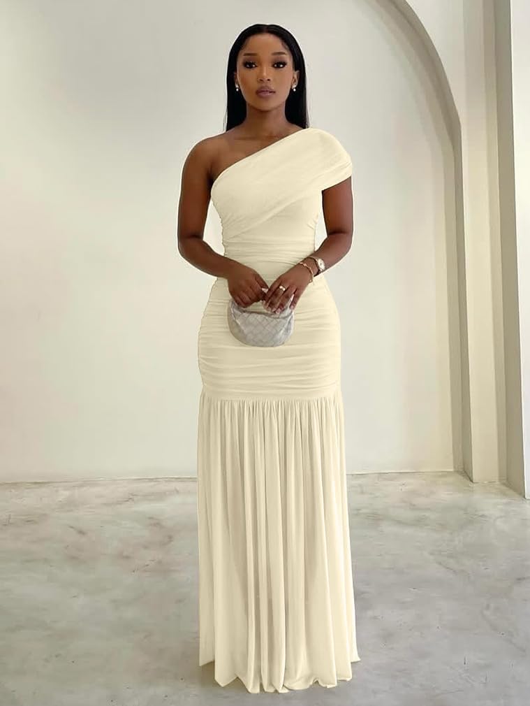 LAGSHIAN Women’s Elegant Formal Long Dress One Shoulder Sleeveless Ruched Bodycon Evening Dress