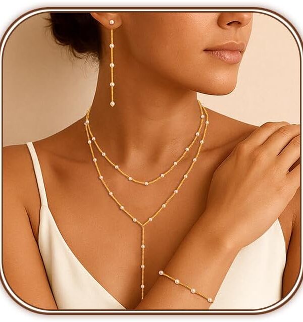 Gold Jewelry Set for Women - Dainty 14K Gold Plated Pearl Necklace and Earring Set with Drop Earrings, Bracelets, Choker Necklace - Wedding Jewelry Gift