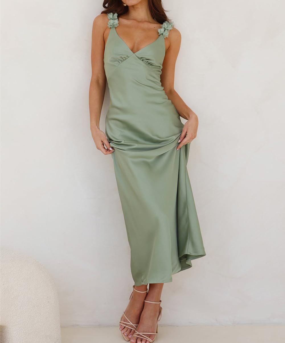 Phicia Summer Satin Spaghetti Strap V Neck Midi Dresses for Women Wedding Guest Elegant Flower Backless Cocktail Formal Dress