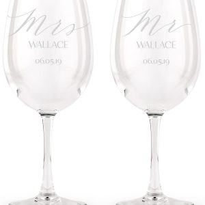 WEDDINGSTAR Large Custom Personalized 12 oz Stemmed Wine Glass Set of 2 - Mr. and Mrs. Engraving