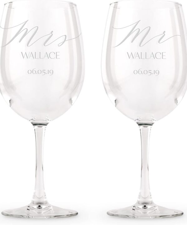 WEDDINGSTAR Large Custom Personalized 12 oz Stemmed Wine Glass Set of 2 - Mr. and Mrs. Engraving