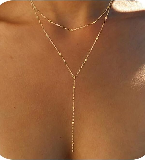 Foxgirl Lariat Gold Necklace for Women, Dainty Long Necklace 14k Gold Plated/Silver Y-Shaped Pendant Necklace Trendy Layered Cz Beaded Chain Drop Necklaces Simple Gold Jewelry For Women Gift