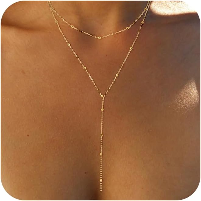 Foxgirl Lariat Gold Necklace for Women, Dainty Long Necklace 14k Gold Plated/Silver Y-Shaped Pendant Necklace Trendy Layered Cz Beaded Chain Drop Necklaces Simple Gold Jewelry For Women Gift