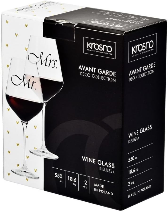 Krosno Mr & Mrs Wine Glasses, Set of 2, 18.6 oz, Avant-Garde Collection, Crystal Glass, Ideal Wedding Gift, Dishwasher Safe, Made in Europe