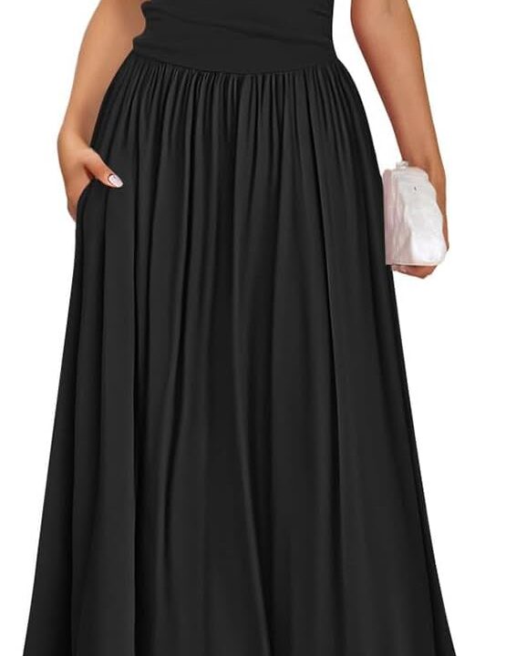 ZESICA Women's Summer 2025 Sleeveless Maxi Dress One Shoulder Casual Slim Swing Pleated Formal Dresses with Pockets