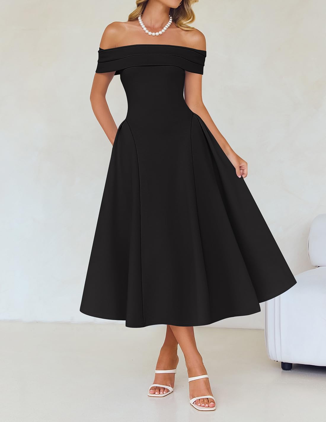 ZESICA Cocktail Dresses for Women’s Elegant Off Shoulder Short Sleeve Swing A Line Wedding Evening Party Midi Dress