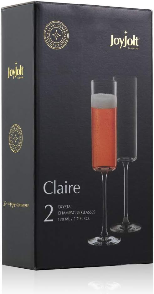 JoyJolt Champagne Flutes, Claire Collection Crystal Champagne Glasses Set of 2, 5.7 Ounce Capacity, Exquisite Craftsmanship, Ideal for Home Bar, Special Occasions Made in Europe