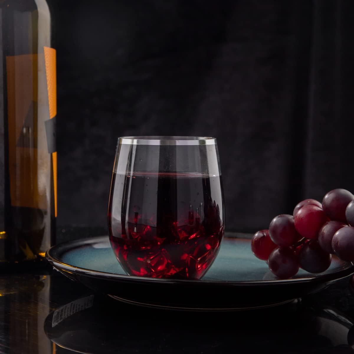 SUT 32 Pack 12oz Silver Rimmed Plastic Wine Glasses Stemless, Disposable Wine Cups with Premium Quality, Reusable, Unbreakable, Crystal, Shatterproof and BPA-Free, Perfect for Party, Wedding, Picnic